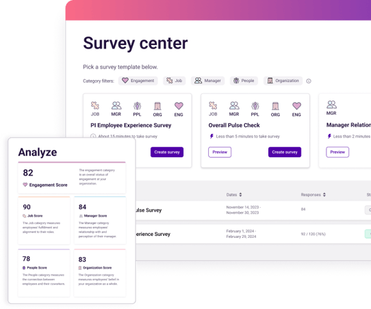 An example image of engagement survey results showing the ability to start a new survey, filter results, and analyze engagement scores